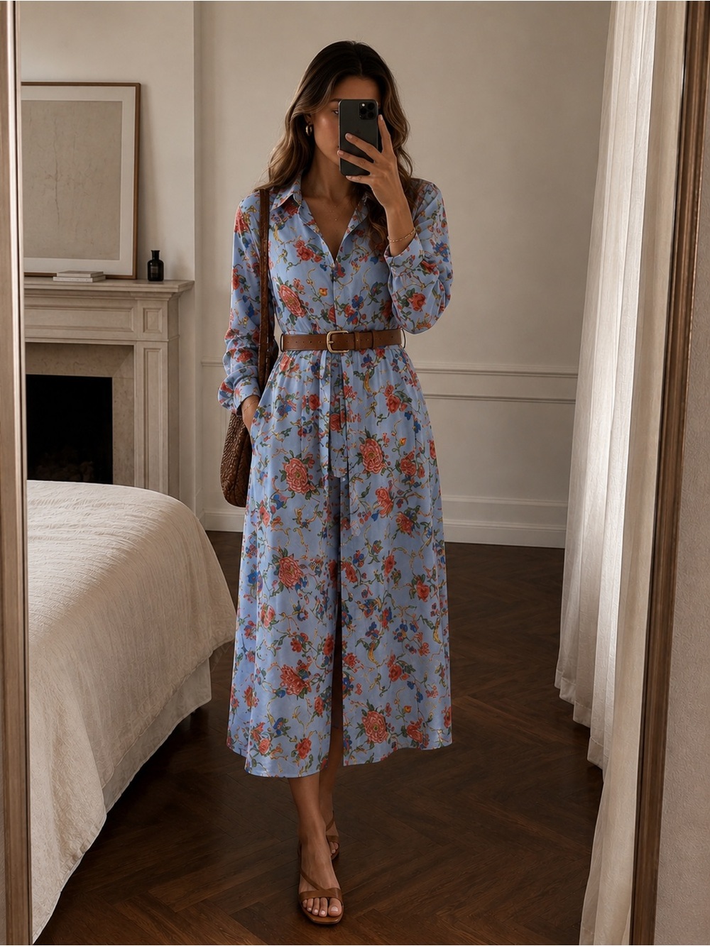 Weekend Max Mara Floral Shirt Dress Blue Silk Button Front Designer Size S